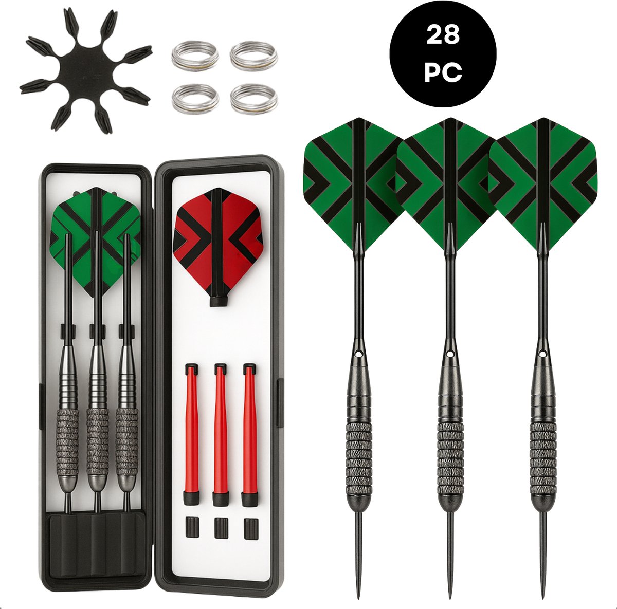 Lomera Dartpijlen - Darts - Nikkel Plating Barrels - Alu Shafts - 120 Micron Flights - Flight Beschermers - Metalen Shafts Ringen - Pc Shafts - Plastic Dartcase - 28-Delige Set - Darts Accessoires - Darten Set - Complete Dartset