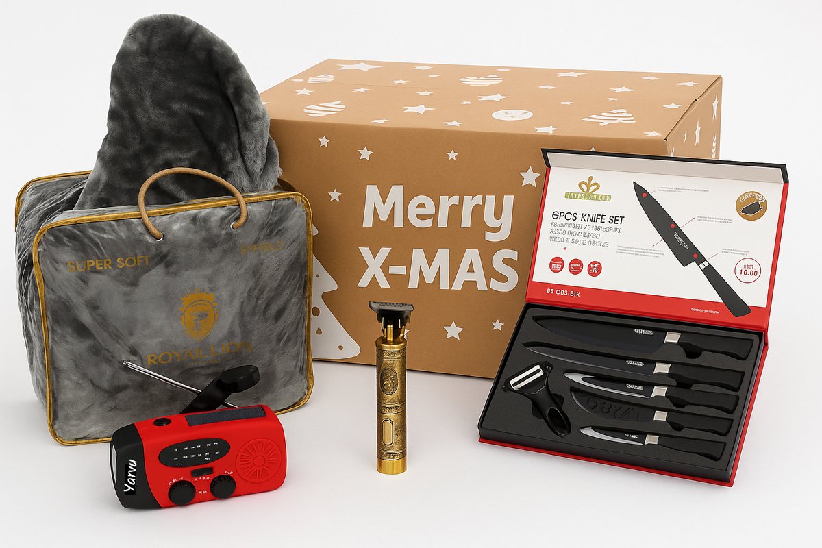 Cadeaupakket - Voor Mannen - Cadeau - Noodradio - Goude Trimmer - 1 Persoons Luxe Deken - Messenset - Kerst Pakket - kerstpakket - Non Food - Relatiegeschenk - Cadeaupakket