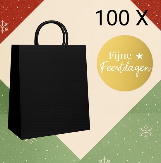 HGN Papieren Tasjes -Cadeautasjes-Cadeauzakjes-100 Stuks-Zwart-Incl 100 Stickers twv 19,90-Fijne Feestdagen-18+8x22 cm