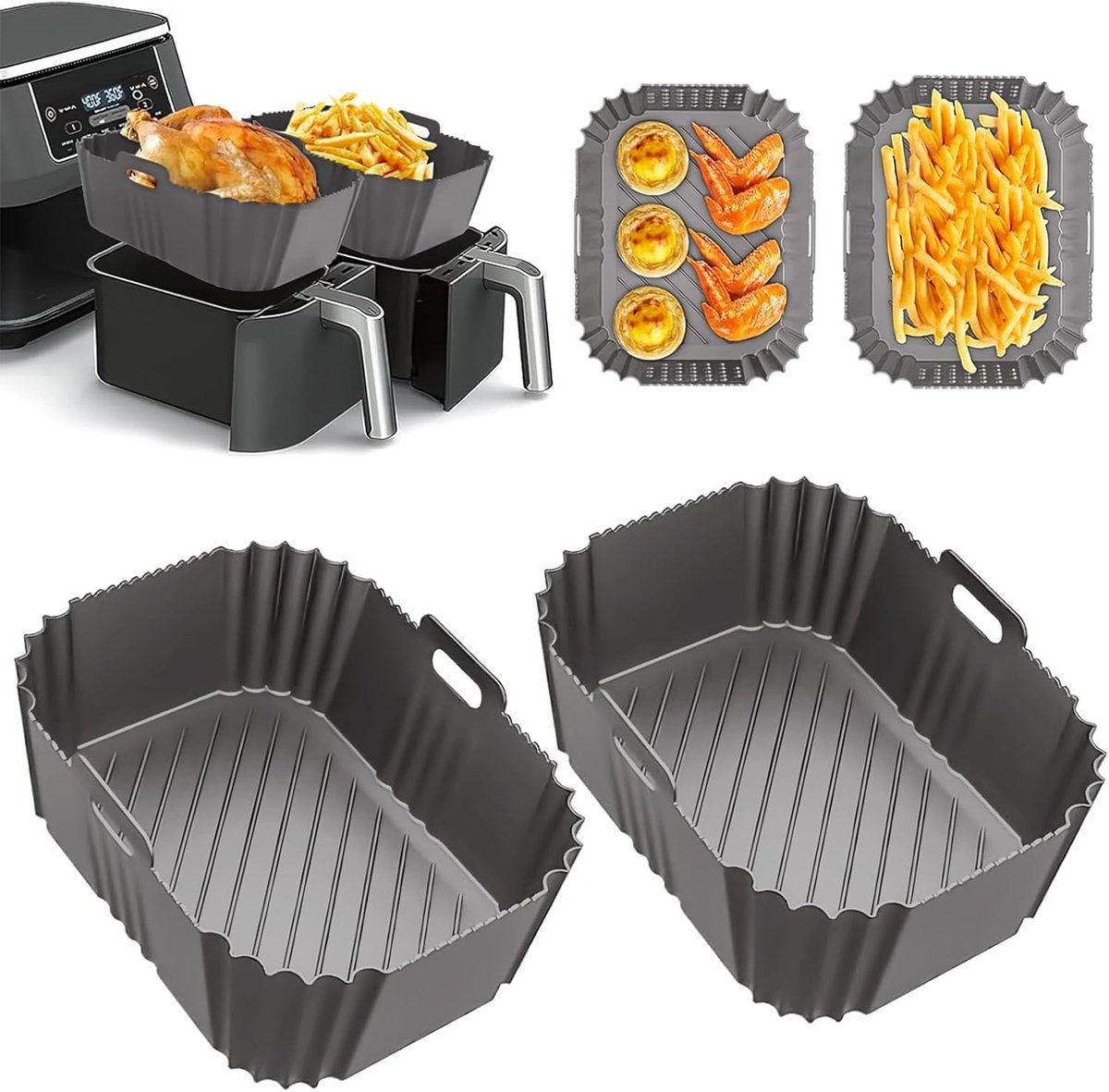 Voor Ninja Foodi Max Dual Zone Air Fryer Accessoires - Set van 2 vierkante siliconen bakplaten - Compatibel met AF300EU, AF400EU en andere Dual Zone-modellen - Grijs