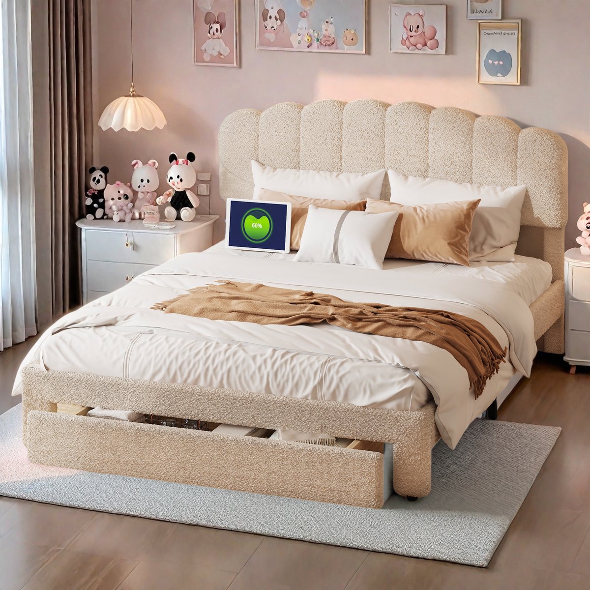 Tweepersoonsbed 160 x 200 cm, met lade, bedframe van teddy met USB-laadstation, verstelbaar hoofdeinde en lattenbodem, voor volwassenen en jongeren, fluweel (beige)