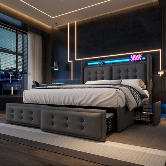 Lit Lits doubles capitonné HAUSS SPOLE 160x200 cm - Lit avec 4 tiroirs de rangement + Matras - Siècle des Lumières LED + port USB Type C - Katoen - Grijs