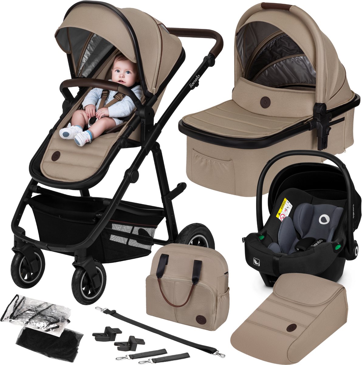Lionelo Amber 3 in 1 Kinderwagen 3in1 — Reiswieg Buggy Baby Autostoel — ADAC geteste set — Vanaf geboorte (0-22 kg, tot 4 jaar) — Geveerde Pompwielen — Zacht Babymatras — Compact Snel Opvouwbaar — Babytas — Regenscherm — Insectennet — Autostoeltje - Lionelo - €359,99