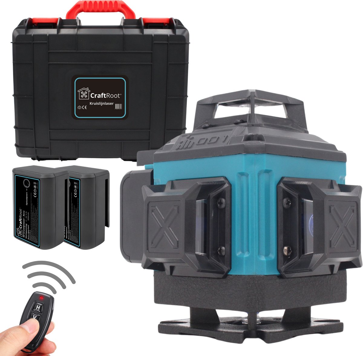 CraftRoot 4D Kruislijnlaser met Draagkoffer - Zelfnivellerende Bouwlaser 4 tot 16 Lijnen – 50 Meter Meetbereik – 360 Graden Rotatie - Professionele Laserwaterpas voor Bouw & Kluswerk - Rotatielaser