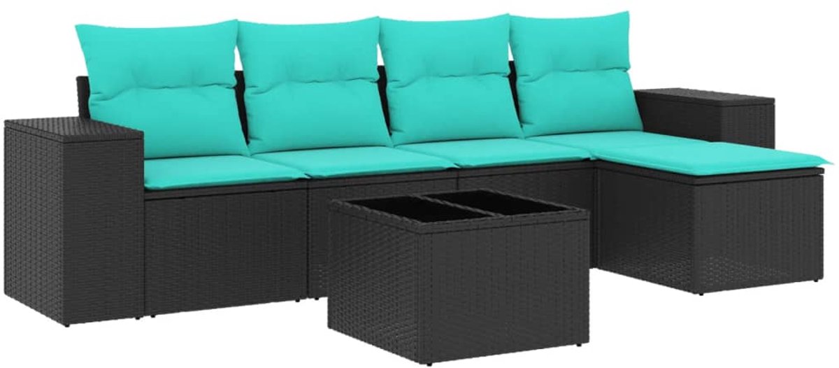 vidaXL - 6-delige - tuinbankset - met - kussens - van - zwart - polyrotan