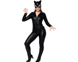 Joya Party® Cat kostuum Volwassenen | Zwarte stretch catsuit met masker en riem | Verkleedpak Halloween & Carnaval Dames | Sexy kattenpak | Catgirl jumpsuit Verkleed Kostuum | Maat XS