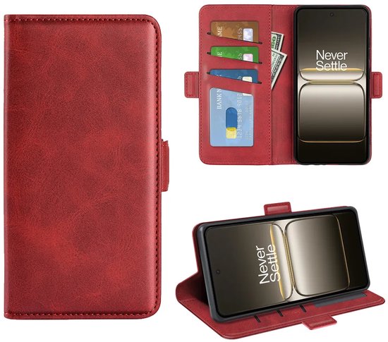 Collage van een gesloten rode wallet book case, een geopende case met telefoon en pasjes, en een case in staande modus.
