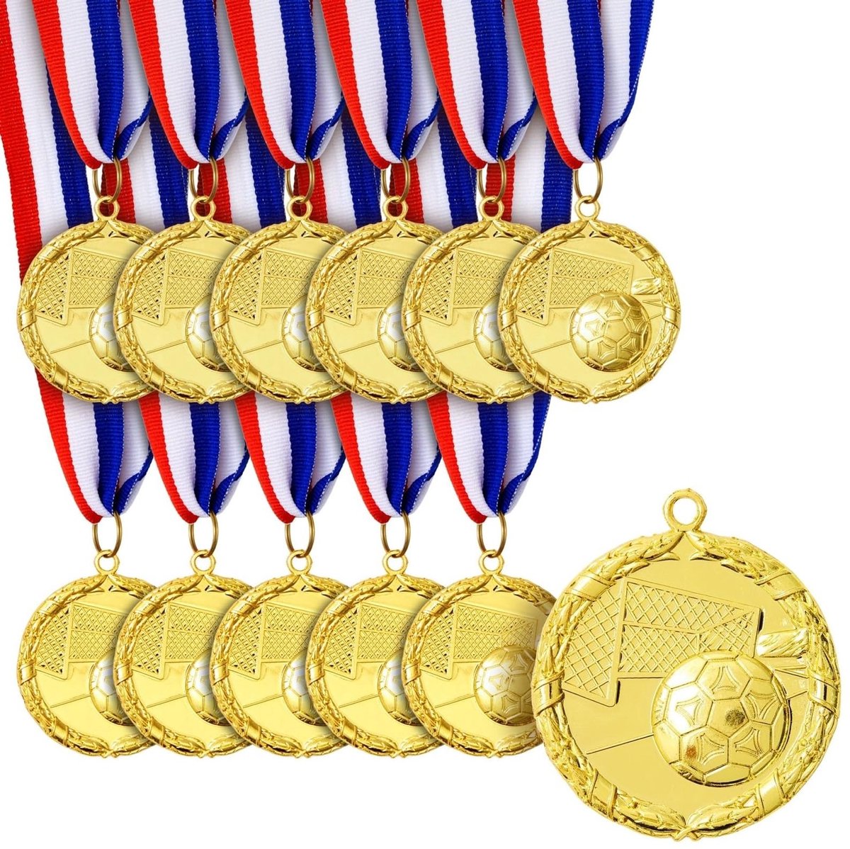 Gouden Voetbalmedailles - 12-Pack - Metalen TrofeeÃ«n - Rood, Wit en Blauw Lint