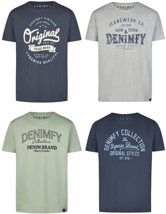 Vier DENIMFY T-shirts: donkergrijs met 'Original Trade Mark', lichtgrijs met 'Raw & Denim', mintgroen met 'Denim Brand' en donkerblauw met 'Original Styles'.