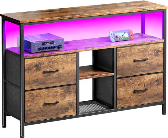 LED TV-standaard met 4 laden, Kleine TV-kast met opbergruimte, TV-bankje, Tv meubel, Stoffen ladekast voor de woonkamer Slaapkamer Hal Rustiek, 137x30x77cm, Bruin Rustiek