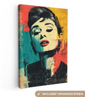 Canvas schilderij 80x120 cm - Wanddecoratie Vrouw - Rode lippen - Expressief - Grafisch - Muurdecoratie woonkamer - Slaapkamer decoratie - Kamer accessoires - Schilderijen op canvas