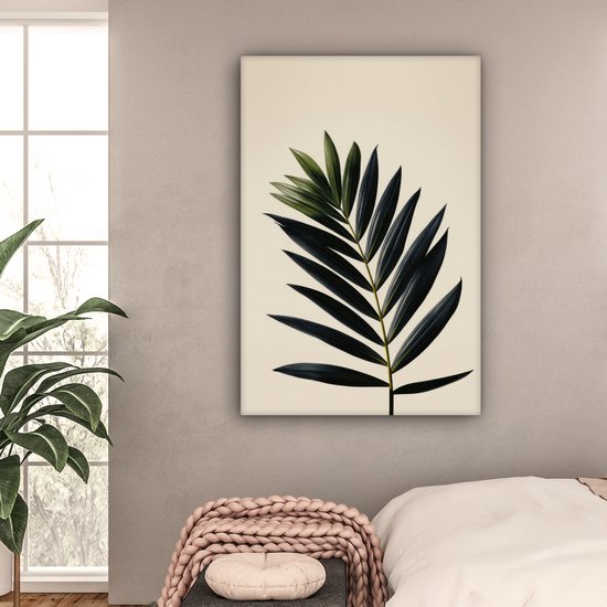 Canvas schilderij 80x120 cm - Wanddecoratie Palmblad - Donkere bladen - Subtiel - Muurdecoratie woonkamer - Slaapkamer decoratie - Kamer accessoires - Schilderijen op canvas
