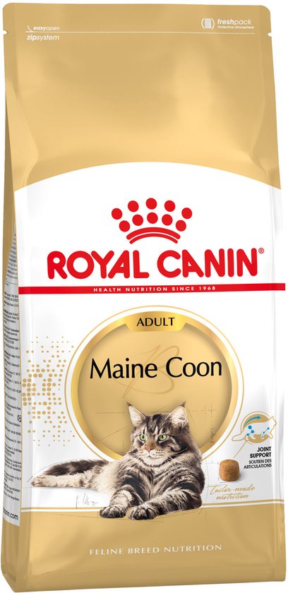 Gouden zak Royal Canin Maine Coon adult kattenvoer met een afbeelding van een Maine Coon kat op de voorkant.