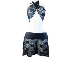 BamBella ® - Erotische Kleding set - L/XL - Nep leer kant doorzichtig blauw zwart
