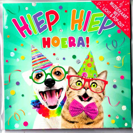 Wenskaart - muziekkaart - pop-out wenskaart - kaart met muziek - wenskaart met licht - wenskaart 3D -hiep hiep hoera - verjaardag - jarig - gefeliciteerd - hartelijk gefeliciteerd - verjaardag kind - verjaardag dierenvriend