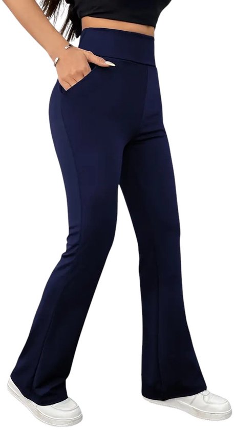 Foto: Horizon flared broek met zakken dames legging petit pijplengte casual flare pants broek met zakken stijlvol sportief rekbaar zachte stof navy blue donkerblauw maat l