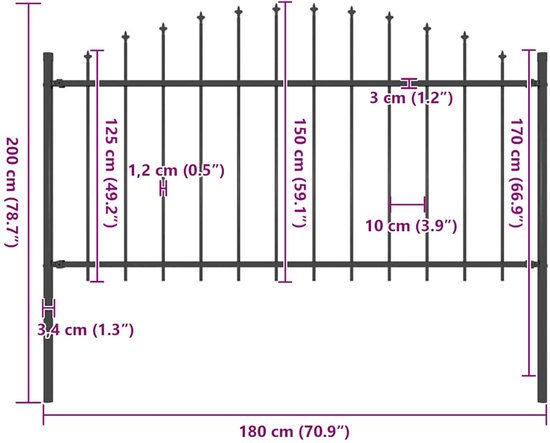 vidaXL Clôture de jardin avec haut en flèche (1,25-1,5) x 1,7 m acier noir