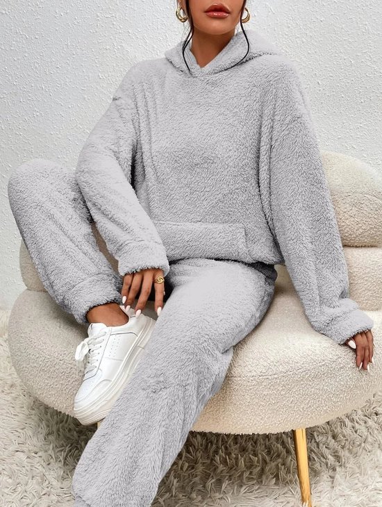 Warme 2-delige dames huispak maat L – fleece joggingpak met capuchon en broek – pluche loungewear set voor herfst en winter