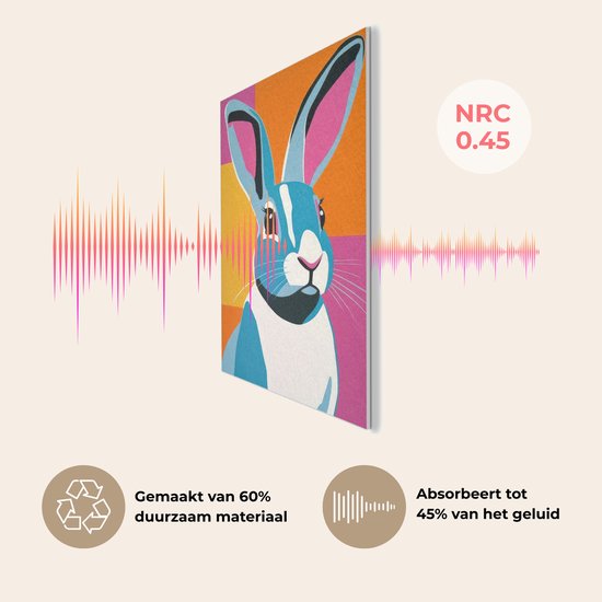 Akoestisch wandpaneel 40x60 cm - Vilt schilderij Haas - Kleurvakken - Oren - Roze - Akoestische panelen - Geluidsdempende wanddecoratie - Geluidsisolatie woonkamer - Muurdecoratie geluidspanelen