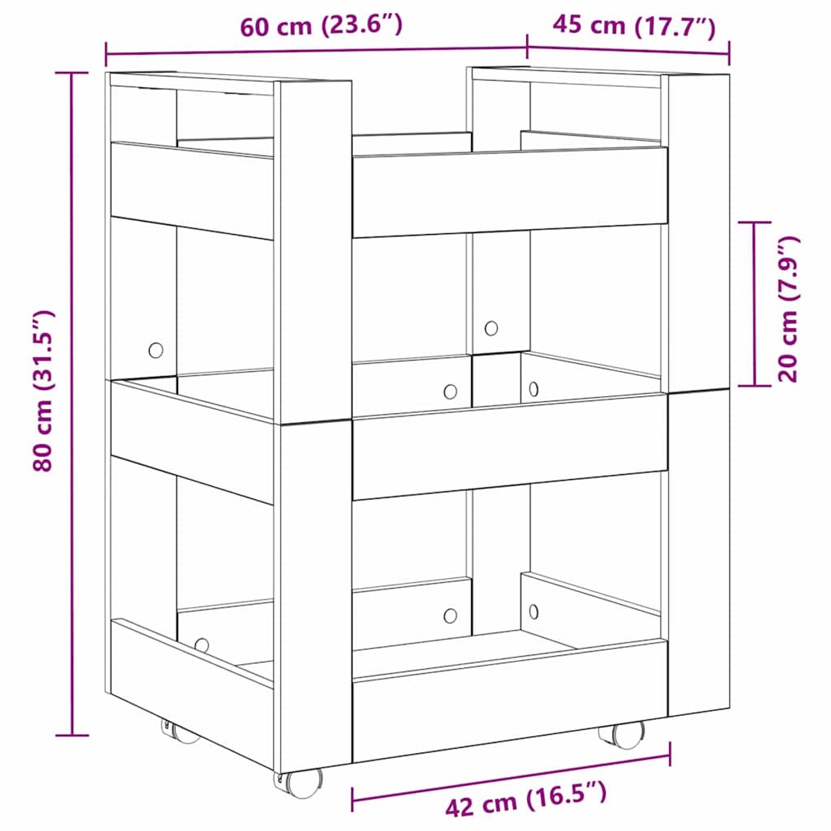 vidaXL - Keuken - Trolley - Zwart - Eiken - 60 - x - 45 - x - 80 - cm - Bewerkt - hout