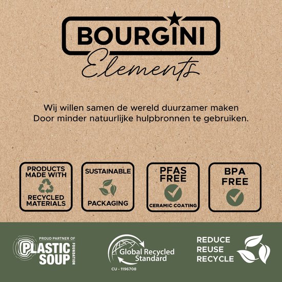 Cafetière Bourgini Elements – 1,5 L (10 à 12 tasses) – Plaque chauffante – Arrêt automatique – Lavable au lave-vaisselle – 50 % de matériaux recyclés (certifié GRS)