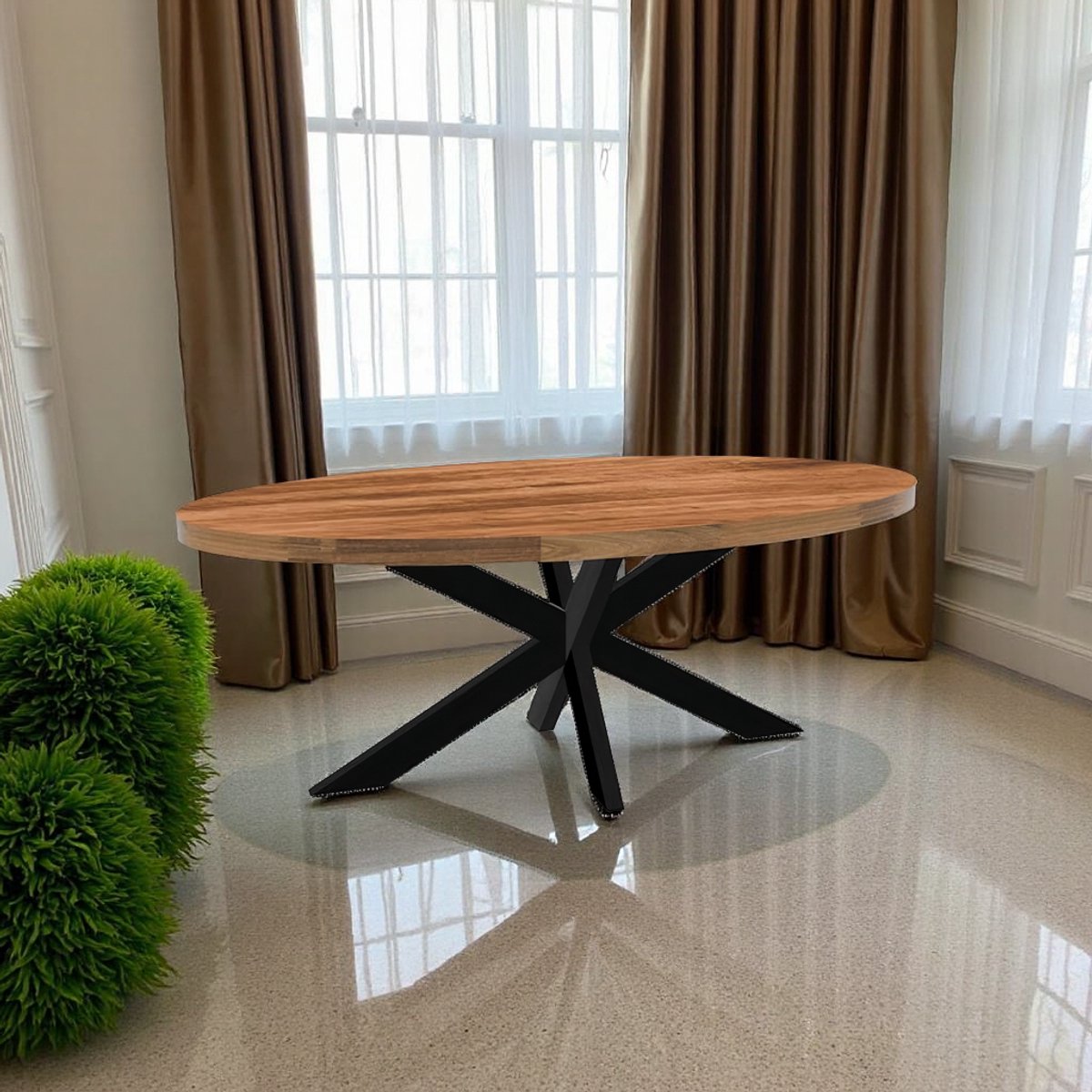 Ovale Eettafel Mangohout 200 cm – Industriële Houten Tafel met Metalen Onderstel – Duurzam