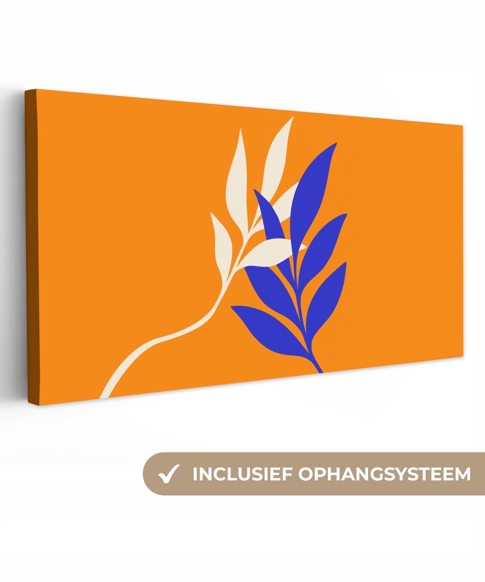 Canvas schilderij 40x20 cm - Wanddecoratie Takken - Bladeren - Minimalistisch - Blauw - Mu