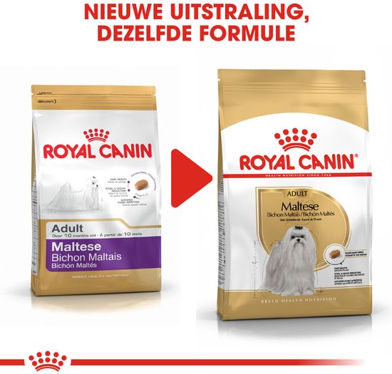 Vergelijking van twee verpakkingen 'Royal Canin Maltese Adult' met nieuwe en oude uitstraling.