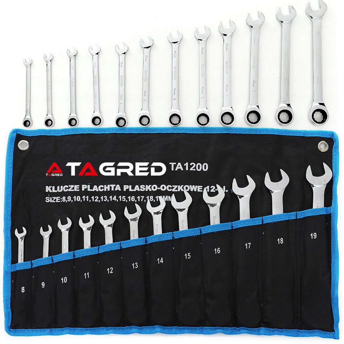 Tagred Ringsleutel Set met Ratel 12 Delig 8-19mm CrV Gehard