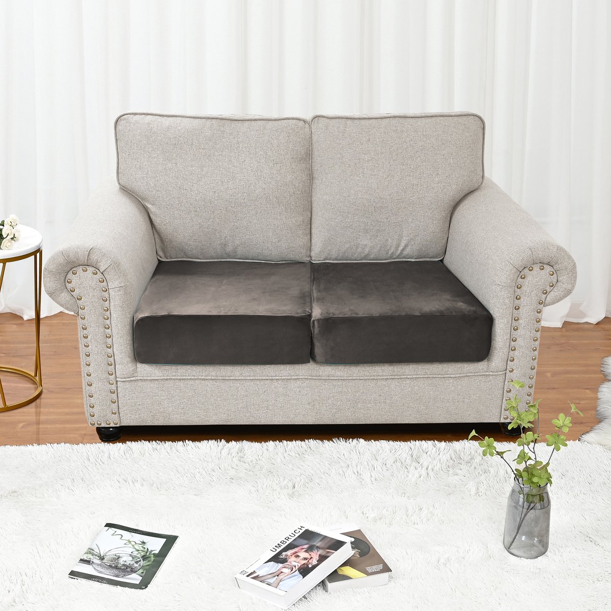 Qelus Khaki Fluweelen Zitkussenhoes Stretch 115-120x60-90cm voor 2 zitsbank - Rekbare Bankbeschermer tegen Vlekken & Mijt - Snel om te leggen