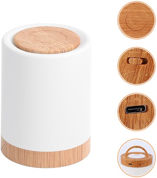 USB Oplaadbaar Nachtlampje - Warm Licht & RGB Kleuren - Timer - Nachtlampje voor de Slaapkamer - Sfeerlamp - LED verlichting - Leeslamp - Tafellamp - Bedlamp voor Baby, Kinderen & Volwassenen - Dimbaar - Touch Control - Houtnerf van HomeTree — afbeelding 4