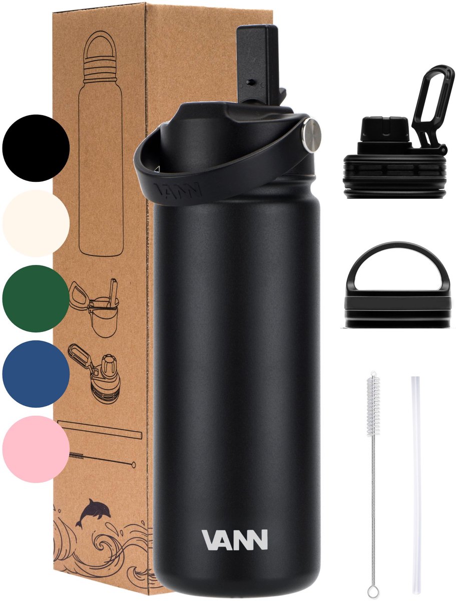 Waterfles 500 ml met rietje multifunctioneel - Drinkfles volwassenen - RVS inclusief 3 doppen - 24uur koud/12 uur warm - Zwart