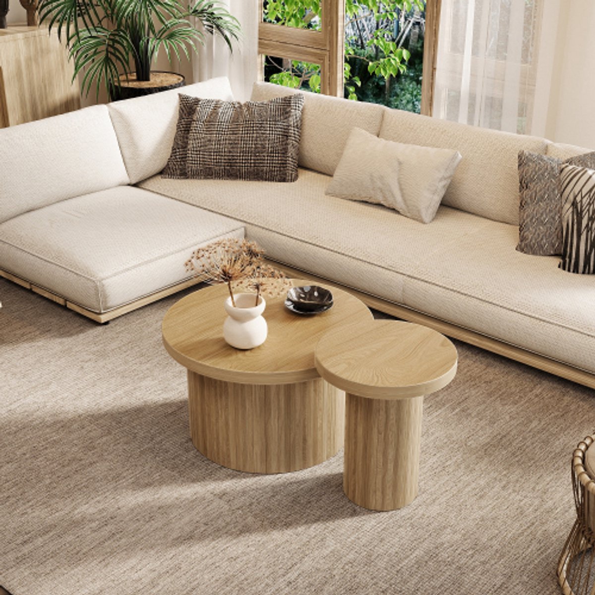 Set van 2 ronde salontafels – Moderne bijzettafels van natuurlijk hout met lattenontwerp, multifunctionele koffietafel voor woonkamer (66×66×40 + 40×40×46 cm)