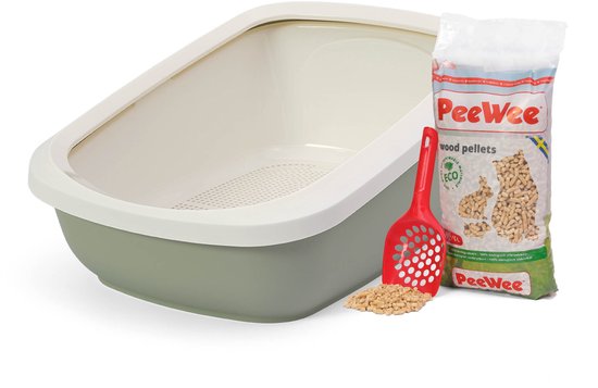 Peewee grote XXL kattenbak systeem EcoGranda startpakket - in een nieuwe trendy pastelkleur salie groen / crème - incl. Peewee korrels + schepje – 66,5 x 48,5 x 46,5 cm