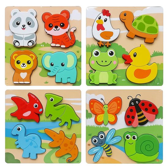 Vier houten kinderpuzzels met dieren en dino's: panda, tijger, leeuw, olifant, kip, schildpad, kikker, eend, pterosaurus, brachiosaurus, vlinder, lieveheersbeestje, libel, slak.