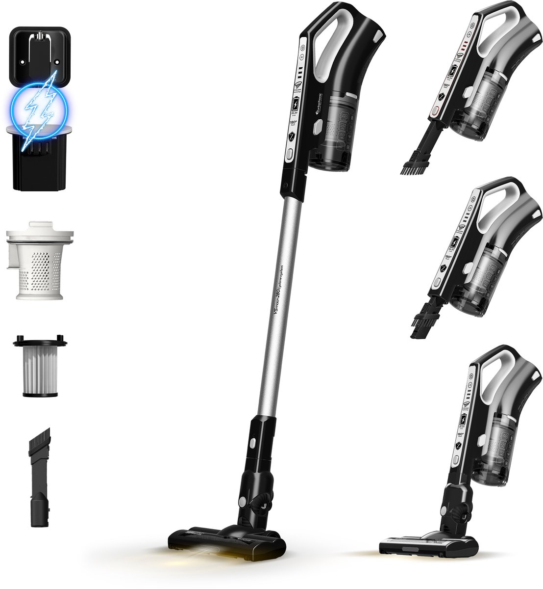 TurboTronic VS280 Draadloze Steelstofzuiger met Handstofzuiger – Zwart