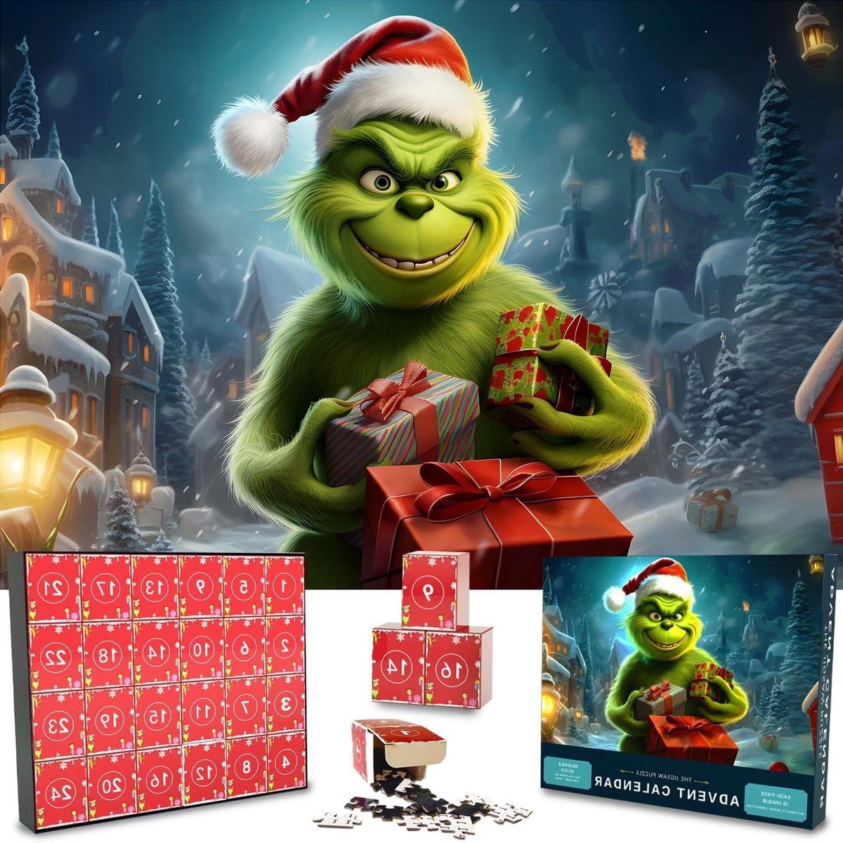 Allecto Plus - Adventskalender legpuzzels voor kinderen en volwassenen - 24 dozen - 1008 stukjes - kerstpuzzel aftelkalender - kerstspel cadeau - muurdecoratie - 52 cm x 75 cm. Adventskalender legpuzzel met 1008 stukjes en kerstthema - muurdecoratie.