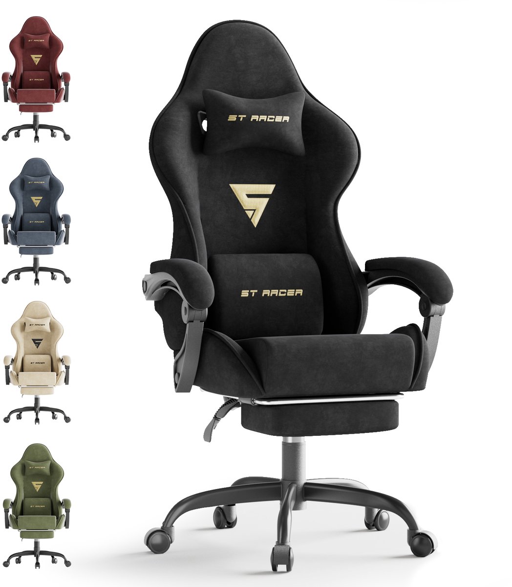 Soontrans Ergonomische Gamingstoel Met Hoofdsteun en Voetsteun Gaming Stoel Van Stof, Gamerstoel Hoogwaardige PC - Stoel Verstelbare Gaming Chair Comfortabele Gamestoel Van Stof, Ideaal Voor Gamen op Kantoor, Zwart