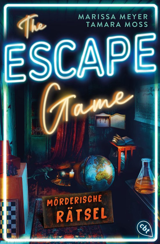 Boekomslag van 'The Escape Game' met de ondertitel 'Mörderische Rätsel' in neonletters. Een wereldbol en een flesje staan centraal.