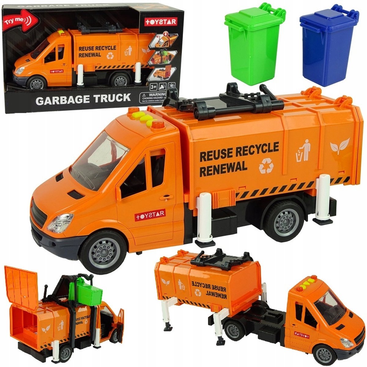 Speelgoed Vuilniswagen met Licht & Geluid, Inclusief 2 Bakken