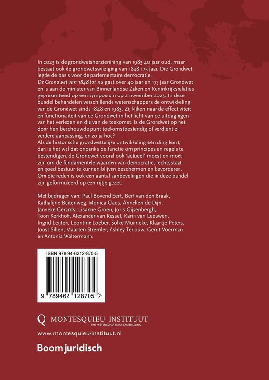 De achterkant van een boek met de titel "De Grondwet van 1848 tot nu" en ISBN-nummer.