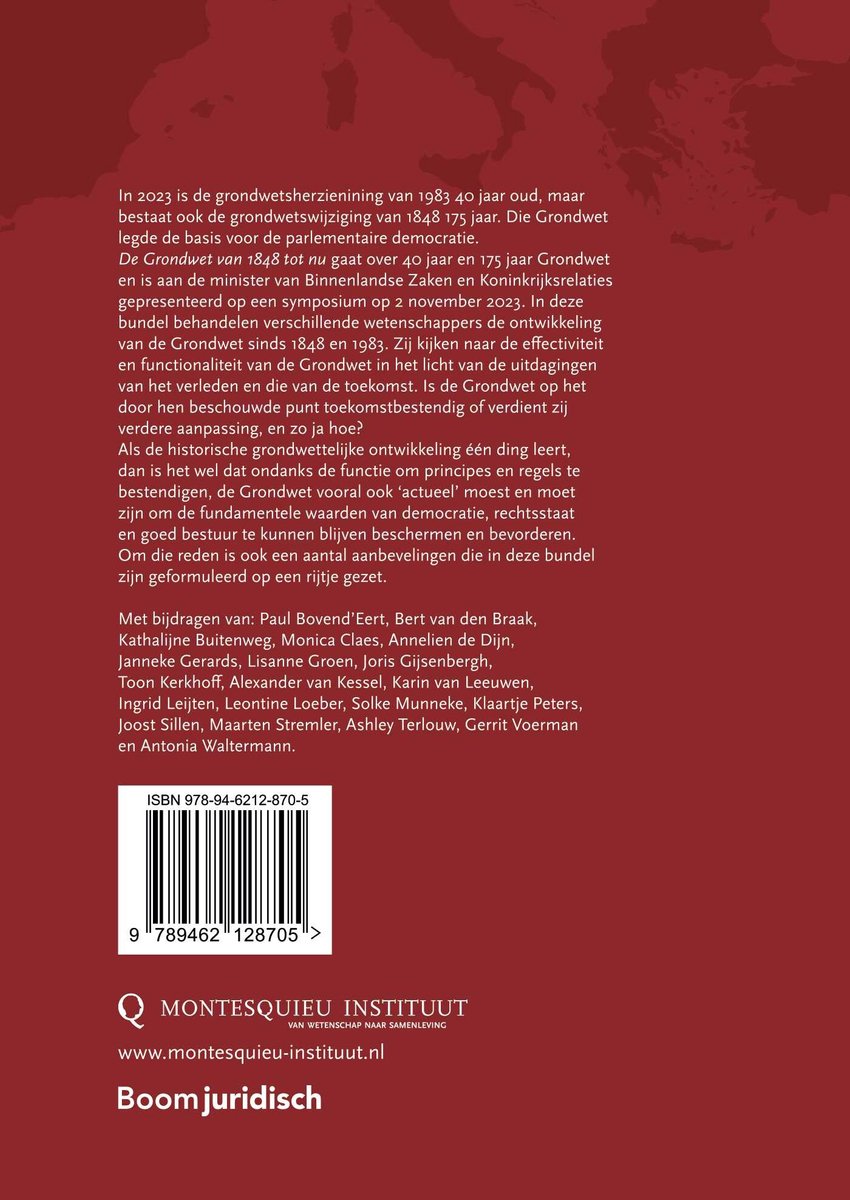 De achterkant van een boek met de titel "De Grondwet van 1848 tot nu" en ISBN-nummer.
