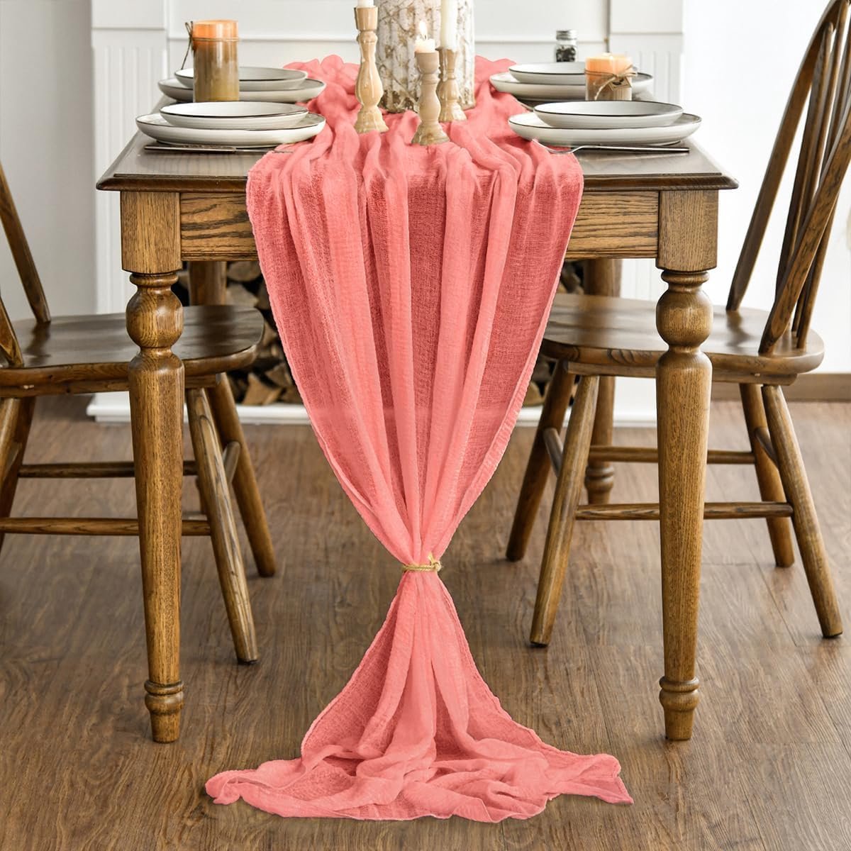 Boho Kaasdoek Gaas Tafelloper - Wasbaar - Voor Bruiloft Tafeldecoratie - Koraal 80x300 cm