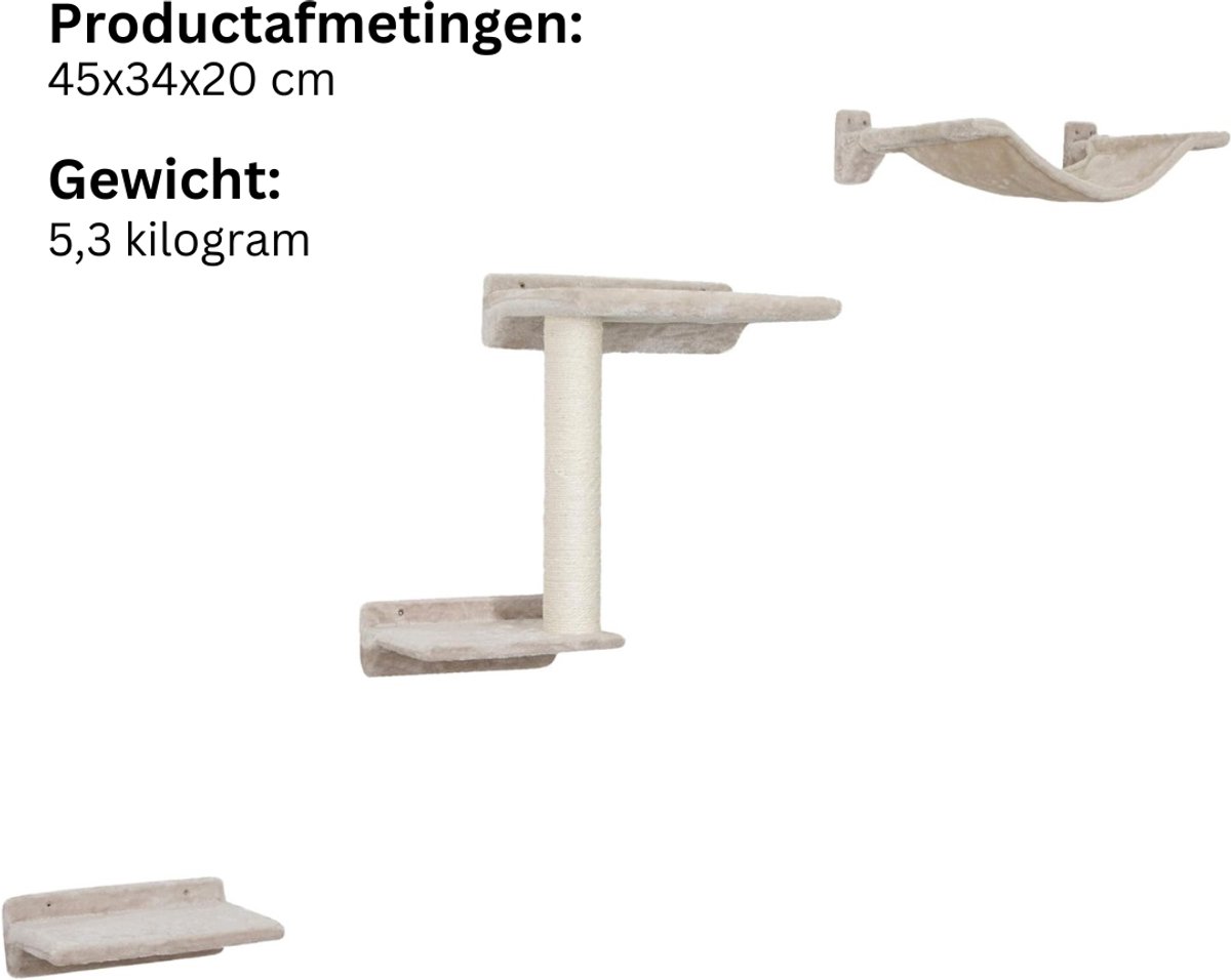 VIN® Katten Klimmuur – Katten Klim Wand 5 delige Set – Wandmeubel Kat Inclusief Muurbevestiging – Katten Krabpaal