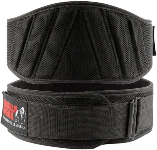 Twee zwarte Gorilla Wear liftingriemen, de bovenste met geribbelde vulling en de onderste met klittenbandsluiting en logo.