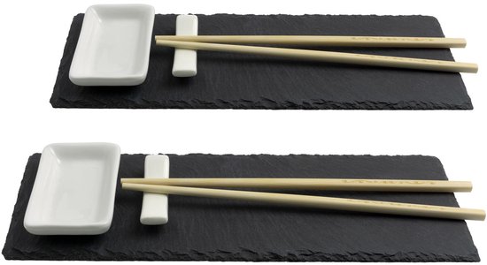 Assiette à sushi 10 pièces ardoise avec bols à tremper pour 2 personnes - 30x10 cm - vaisselle à sushi assiettes en ardoise avec étagères à baguettes bols à tremper assiettes en ardoise