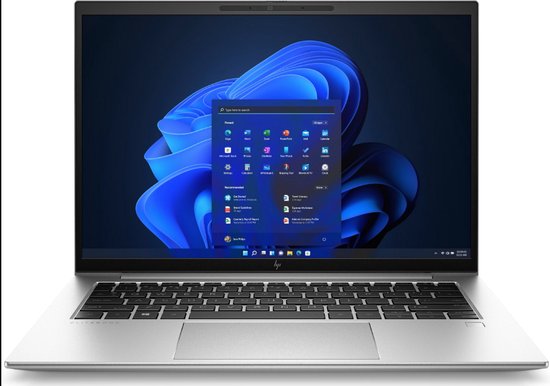 Open zilverkleurige HP Elitebook laptop met Windows 11 en een blauw, golvend bureaublad.