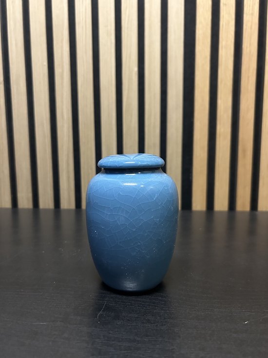 Lichtblauwe keramische urn met een craquelé-afwerking, staand op een donker oppervlak.