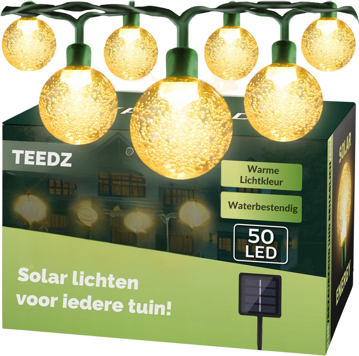 Teedz Solar Tuinverlichting – 50 LED Bollen – 7m – Warm Wit – Waterdicht – 8 Lichtstanden - alle seizoenen