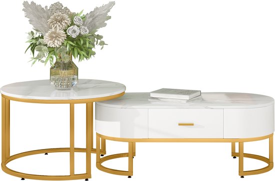 Re-purelife® Salontafel Set van 2 met Opbergruimte - Wit Marmer Look - Goud Kleurig Metalen Frame - Grote Tafel 100x48x38,5 cm - Kleine Tafel 70x70x44,5 cm - Moderne Woonkamertafels - Nestelbaar Design